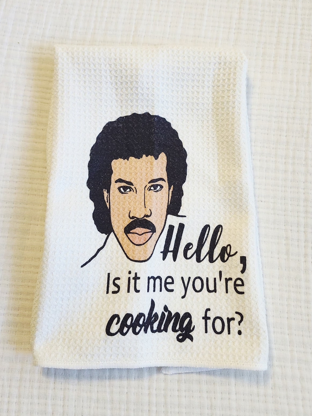 Funny "Hello Is It Me You're Cooking For?" White Decorative Kitchen Towel